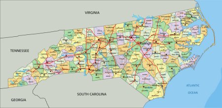Carolina del Norte - Mapa político editable altamente detallado con etiquetado.