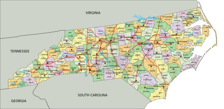 Carolina del Norte - Mapa político editable altamente detallado con etiquetado.