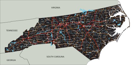 Téléchargez les illustrations : Carte routière détaillée de la Caroline du Nord avec étiquetage. - en licence libre de droit