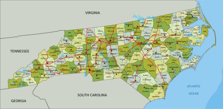 Téléchargez les illustrations : Carte politique modifiable très détaillée avec des couches séparées. Caroline du Nord. - en licence libre de droit