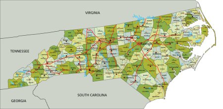 Ilustración de Mapa político editable altamente detallado con capas separadas. Carolina del Norte. - Imagen libre de derechos