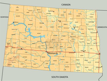 Ilustración de Mapa físico de Dakota del Norte altamente detallado con etiquetado. - Imagen libre de derechos