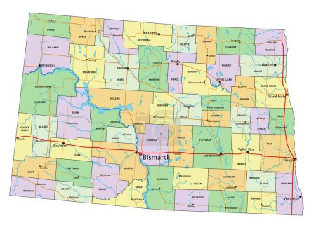 Ilustración de Dakota del Norte - Mapa político editable altamente detallado con etiquetado. - Imagen libre de derechos
