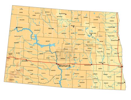 Ilustración de Mapa físico de Dakota del Norte altamente detallado con etiquetado. - Imagen libre de derechos