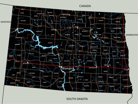 Ilustración de Hoja de ruta detallada de Dakota del Norte con etiquetado. - Imagen libre de derechos