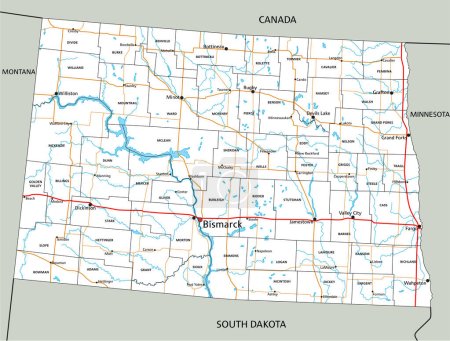 Ilustración de Hoja de ruta detallada de Dakota del Norte con etiquetado. - Imagen libre de derechos