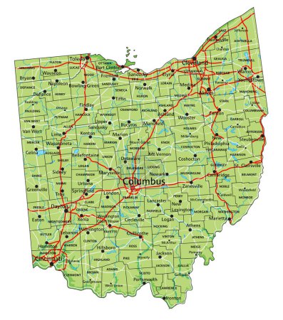 Alto mapa físico detallado de Ohio con etiquetado.