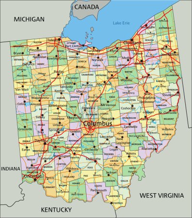 Ohio - Carte politique éditable très détaillée avec étiquetage.