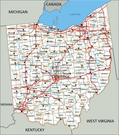 Carte routière détaillée de l'Ohio avec étiquetage.