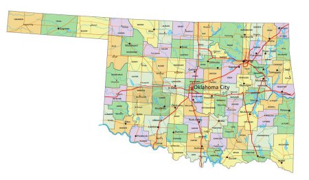 Ilustración de Oklahoma - Mapa político editable altamente detallado con etiquetado. - Imagen libre de derechos