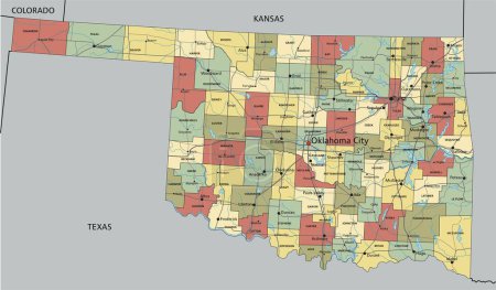 Ilustración de Oklahoma - Mapa político editable altamente detallado con etiquetado. - Imagen libre de derechos