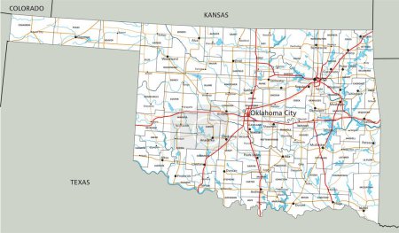 High detailed Oklahoma road map with labeling.
