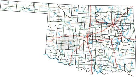 Téléchargez les illustrations : Carte routière et routière de l'Oklahoma. Illustration vectorielle. - en licence libre de droit