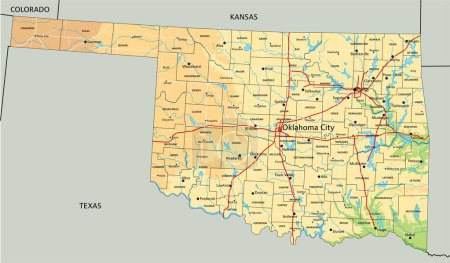 Ilustración de Alto mapa físico detallado de Oklahoma con etiquetado. - Imagen libre de derechos