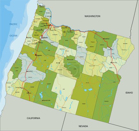 Téléchargez les illustrations : Carte politique modifiable très détaillée avec des couches séparées. Oregon. - en licence libre de droit