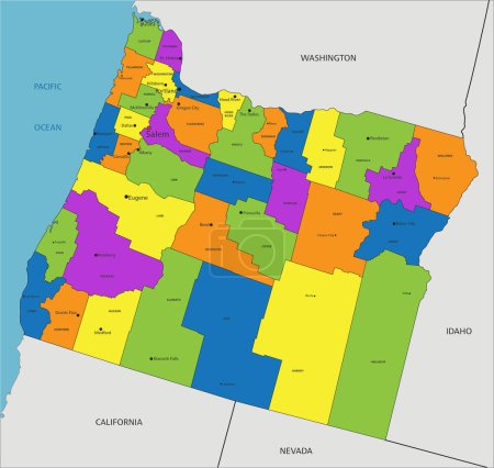Ilustración de Colorido mapa político de Oregón con capas claramente etiquetadas y separadas. Ilustración vectorial. - Imagen libre de derechos