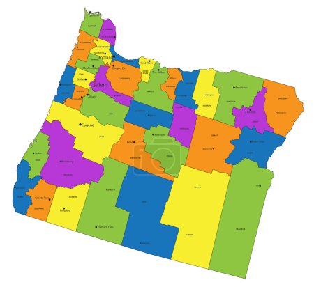 Téléchargez les illustrations : Carte politique colorée de l'Oregon avec des couches clairement étiquetées et séparées. Illustration vectorielle. - en licence libre de droit