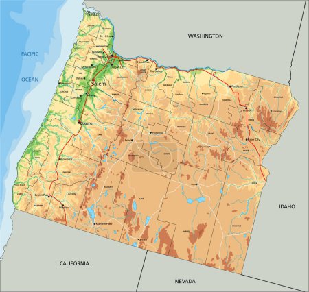 Ilustración de Mapa físico de Oregón altamente detallado con etiquetado. - Imagen libre de derechos