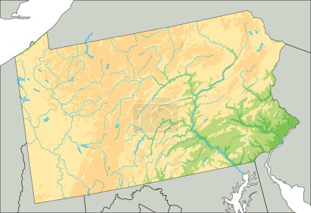 Téléchargez les illustrations : Carte physique détaillée de Pennsylvanie. - en licence libre de droit
