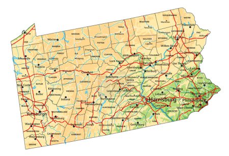 Ilustración de Mapa físico de Pensilvania alto detallado con etiquetado. - Imagen libre de derechos
