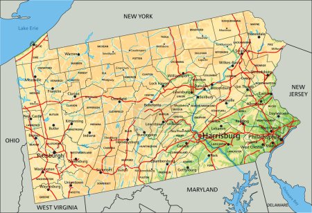 Téléchargez les illustrations : Carte physique détaillée de Pennsylvanie avec étiquetage. - en licence libre de droit