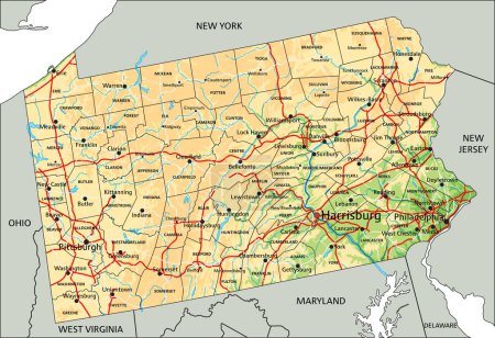 Téléchargez les illustrations : Carte physique détaillée de Pennsylvanie avec étiquetage. - en licence libre de droit