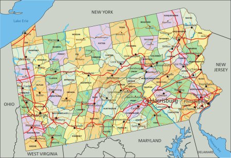 Ilustración de Pensilvania - Mapa político editable altamente detallado con etiquetado. - Imagen libre de derechos