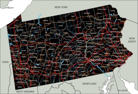 Ilustración de Hoja de ruta de Pensilvania detallada con etiquetado. - Imagen libre de derechos