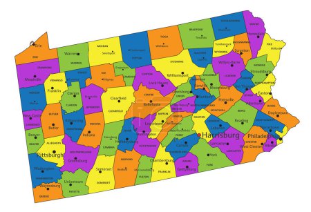 Ilustración de Colorido mapa político de Pensilvania con capas claramente etiquetadas y separadas. Ilustración vectorial. - Imagen libre de derechos