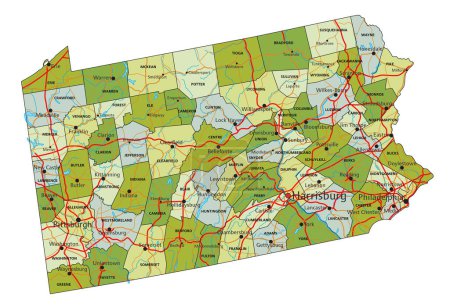 Téléchargez les illustrations : Carte politique modifiable très détaillée avec des couches séparées. Pennsylvanie. - en licence libre de droit