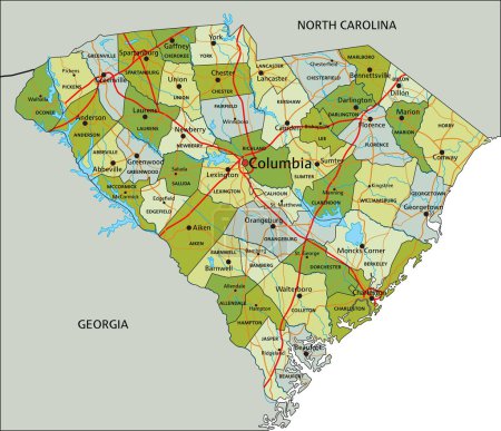 Téléchargez les illustrations : Carte politique modifiable très détaillée avec des couches séparées. Caroline du Sud. - en licence libre de droit