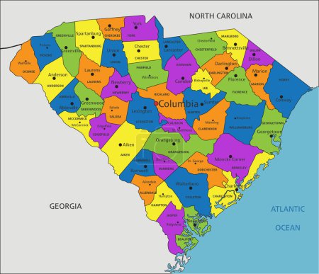Téléchargez les illustrations : Carte politique colorée de Caroline du Sud avec des couches clairement étiquetées et séparées. Illustration vectorielle. - en licence libre de droit