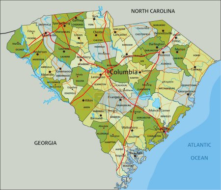 Téléchargez les illustrations : Carte politique modifiable très détaillée avec des couches séparées. Caroline du Sud. - en licence libre de droit