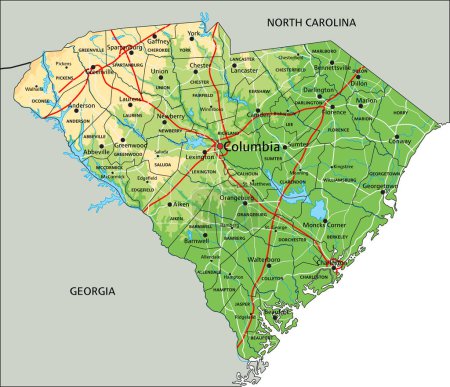 Ilustración de Alto mapa físico detallado de Carolina del Sur con etiquetado. - Imagen libre de derechos