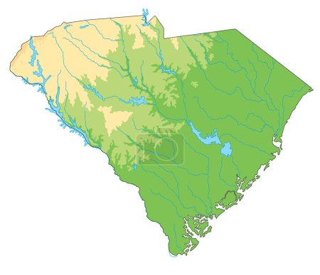 Ilustración de Mapa físico de Carolina del Sur detallado. - Imagen libre de derechos