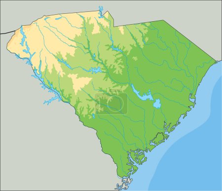 Ilustración de Mapa físico de Carolina del Sur detallado. - Imagen libre de derechos