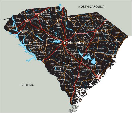 Téléchargez les illustrations : Carte routière détaillée de la Caroline du Sud avec étiquetage. - en licence libre de droit