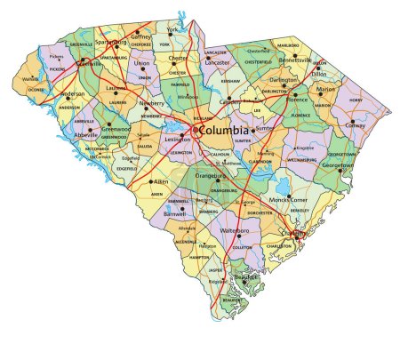 Ilustración de Carolina del Sur - Mapa político editable altamente detallado con etiquetado. - Imagen libre de derechos