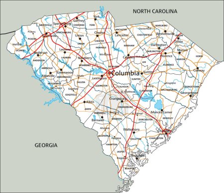 Téléchargez les illustrations : Carte routière détaillée de la Caroline du Sud avec étiquetage. - en licence libre de droit