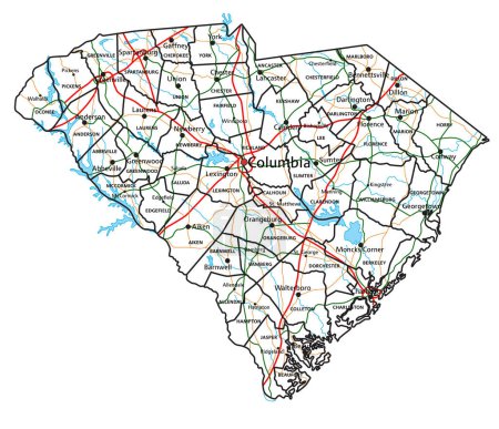 Ilustración de Mapa de carreteras y autopistas de Carolina del Sur. Ilustración vectorial. - Imagen libre de derechos