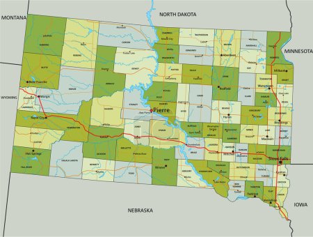 Téléchargez les illustrations : Carte politique modifiable très détaillée avec des couches séparées. Dakota du Sud. - en licence libre de droit
