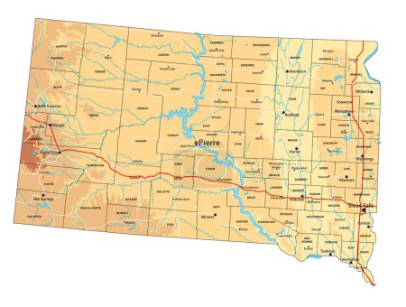 Téléchargez les illustrations : Carte physique détaillée du Dakota du Sud avec étiquetage. - en licence libre de droit