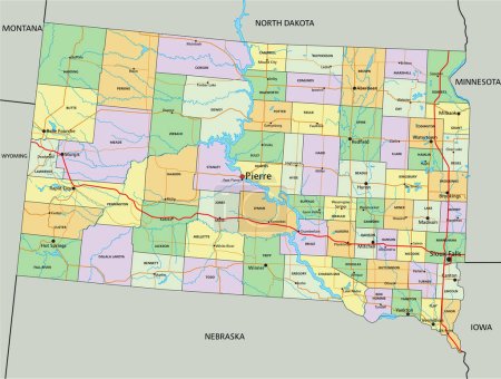 Téléchargez les illustrations : Dakota du Sud - Carte politique éditable très détaillée avec étiquetage. - en licence libre de droit