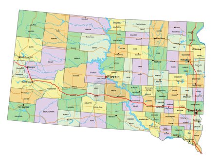 Téléchargez les illustrations : Dakota du Sud - Carte politique éditable très détaillée avec étiquetage. - en licence libre de droit