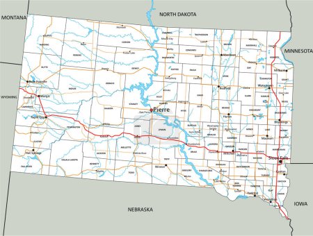 Téléchargez les illustrations : Carte routière et routière du Dakota du Sud. Illustration vectorielle. - en licence libre de droit