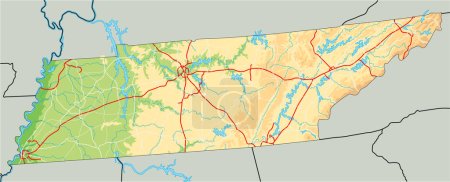 Ilustración de Mapa físico de Tennessee alto detallado. - Imagen libre de derechos