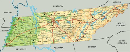Alto mapa físico detallado de Tennessee con etiquetado.