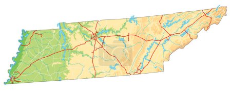Ilustración de Mapa físico de Tennessee alto detallado. - Imagen libre de derechos