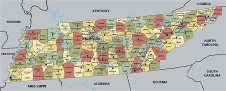 Ilustración de Tennessee - Mapa político editable altamente detallado con etiquetado. - Imagen libre de derechos