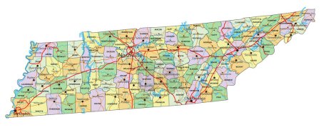 Ilustración de Tennessee - Mapa político editable altamente detallado con etiquetado. - Imagen libre de derechos